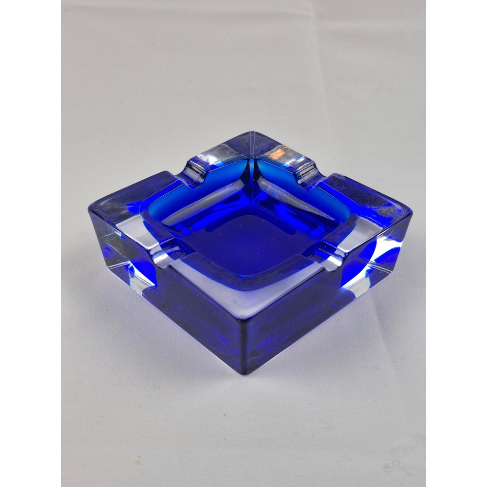 J.G. Durand Cobalt Blue Crystal Ashtray Vintage Square French Lead Glass MCM